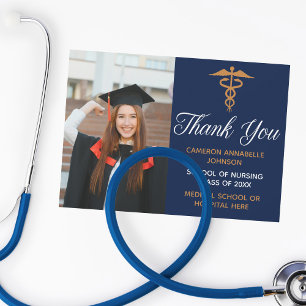 Navy Blue Gold Graduation Photo Nurse or Doctor Thank You Card