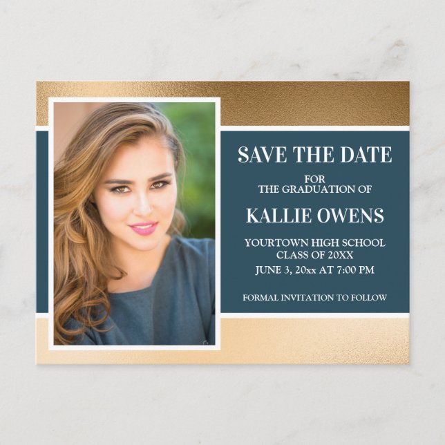 Navy Blue Gold Graduation Save the Date Announcement Postcard (Front)