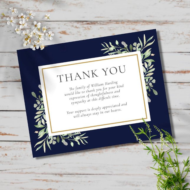 Navy Blue Gold Greenery Funeral Thank You Card (Creator Uploaded)