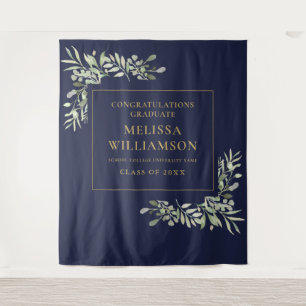 Navy Blue Gold Greenery Graduation Photo Backdrop Tapestry