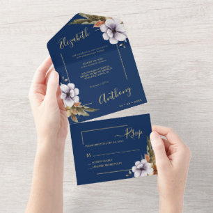 Navy Blue Gold Greenery Watercolor Floral Wedding All In One Invitation