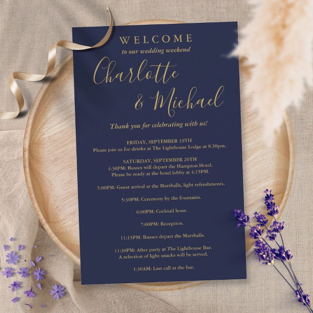 Navy Blue Gold Guest Wedding Weekend Program (Creator Uploaded)