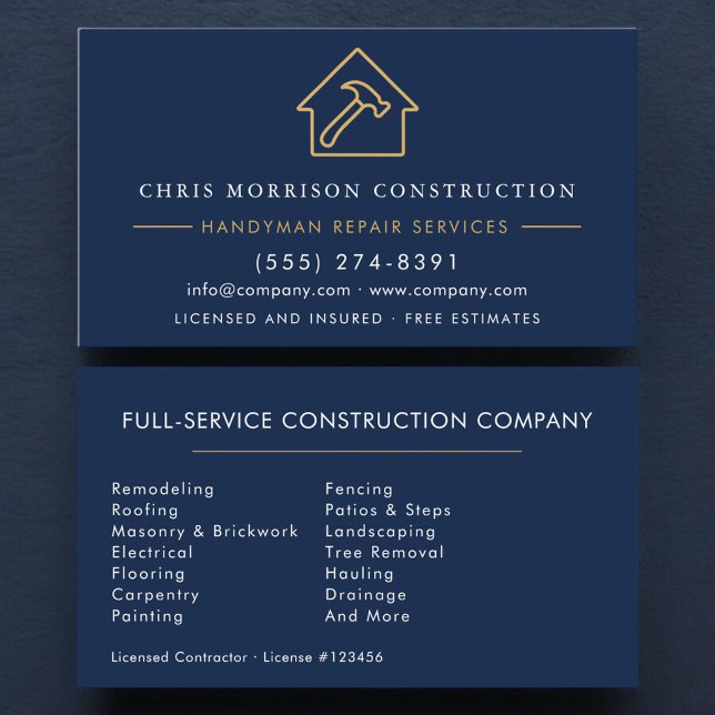 Navy Blue Gold Handyman Construction  Business Card (Creator Uploaded)