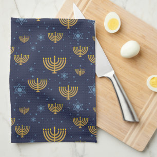 Navy Blue & Gold Hanukkah Menorah Pattern Tea Towel