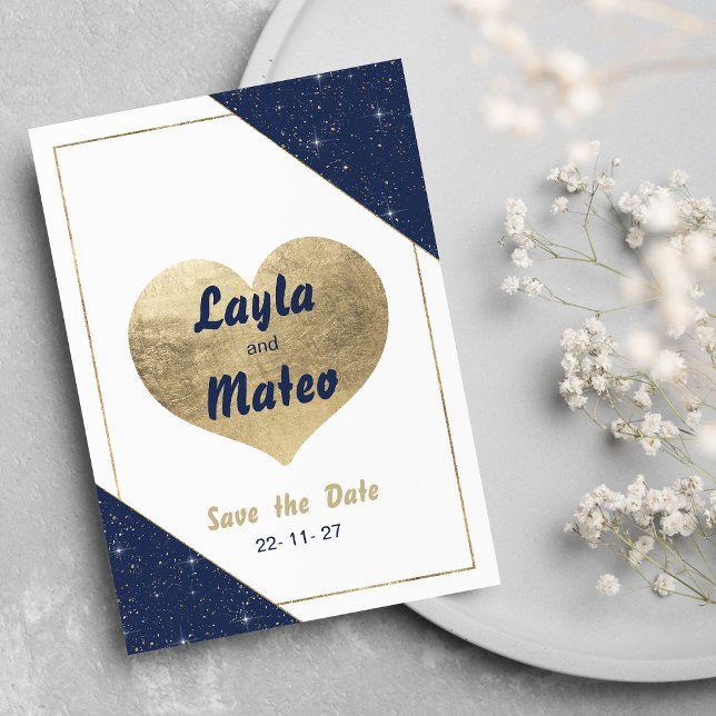 Navy blue gold heart sparkle glitter Save the Date Invitation (Navy blue gold heart sparkle glitter Save the Date)