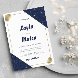 Navy blue gold heart sparkle glitter Wedding Invitation
