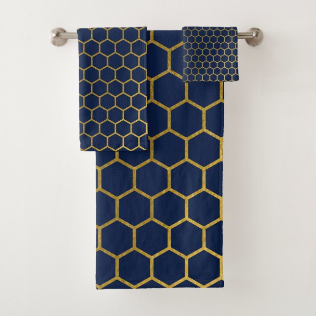 Navy Blue & Gold Hexagon Geometric Pattern Bath Towel Set (Insitu)