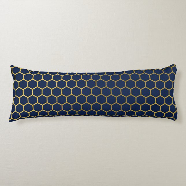 Navy Blue & Gold Hexagon Geometric Pattern Body Cushion (Front)