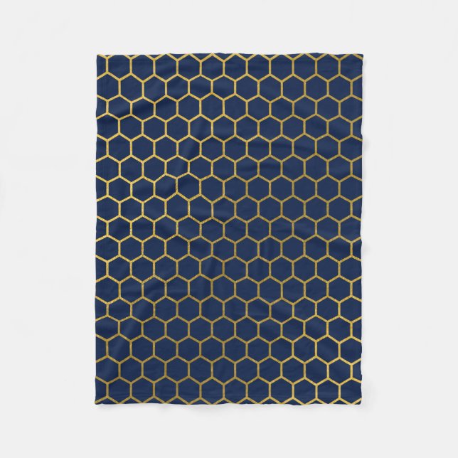 Navy Blue & Gold Hexagon Geometric Pattern Fleece Blanket (Front)