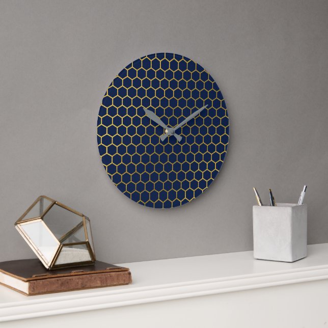 Navy Blue & Gold Hexagon Geometric Pattern Large Clock (Office)