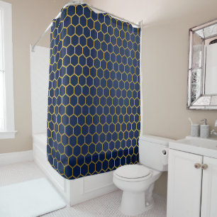 Navy Blue & Gold Hexagon Geometric Pattern Shower Curtain