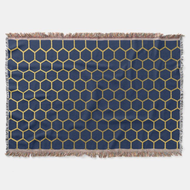 Navy Blue & Gold Hexagon Geometric Pattern Throw Blanket (Front)