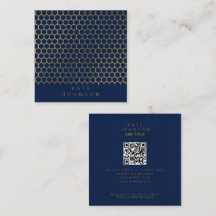 Navy Blue & Gold Hexagon Geometric QR Code Square Business Card