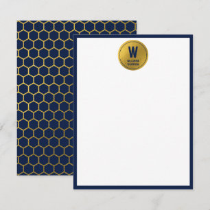 Navy Blue & Gold Hexagon Pattern Monogram Initial Card
