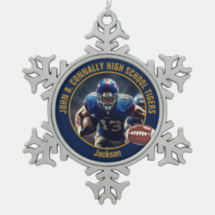 Navy Blue Gold High School Football Player Photo Snowflake Pewter Christmas Ornament