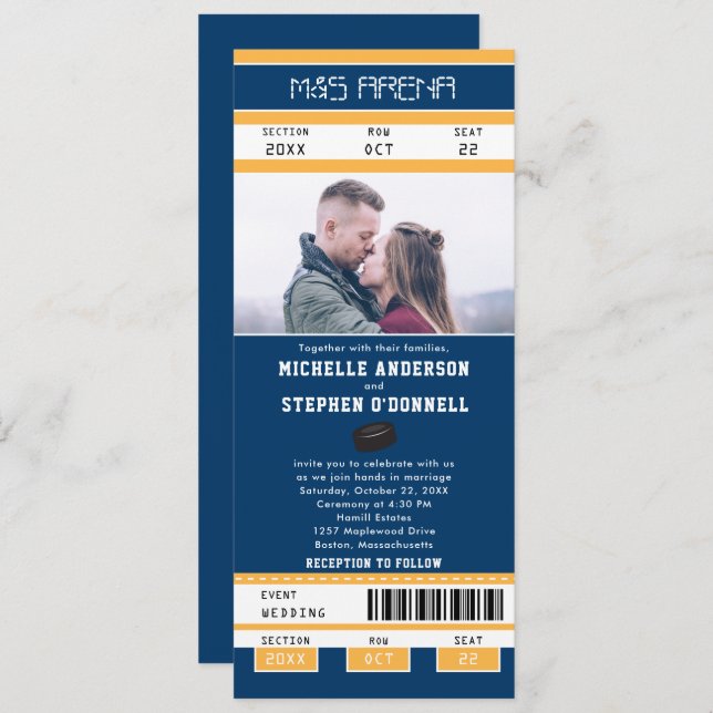 Navy Blue Gold Hockey Ticket Wedding Invitation (Front/Back)