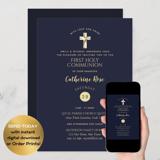 Navy Blue Gold Holy Communion Baptism Confirmation Invitation (Creator Uploaded)