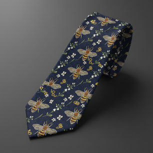 Navy Blue & Gold Honey Bee Floral Tie