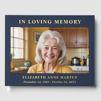 Navy Blue Gold In Loving Memory Photo Memorial Guest Book