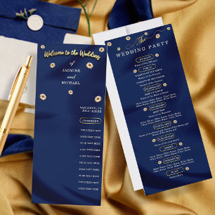 Navy Blue Gold Ivory Beige Floral Wedding Program 