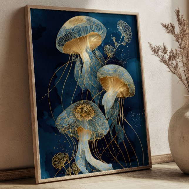 Navy Blue& Gold Jellyfish Kintsugi Ink Art Ocean Poster (Creator Uploaded)