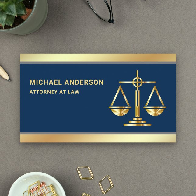 Navy Blue Gold Justice Scale Lawyer Attorney Business Card (Creator Uploaded)