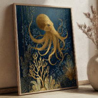Navy Blue& Gold Kintsugi Octopus Underwater