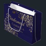 Navy Blue & Gold Lace Elegant Bridesmaid Large Gift Bag<br><div class="desc">This beautiful gift bag is designed as a wedding gift or favour bag for Bridesmaids. It features an elegant navy blue and gold design with golden lace frills in the corners the text "Bridesmaid" as well as a place to enter her name, the couple's name, and the wedding date. Fill...</div>