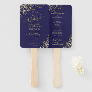 Navy Blue & Gold Lace Elegant Wedding Program Hand Fan