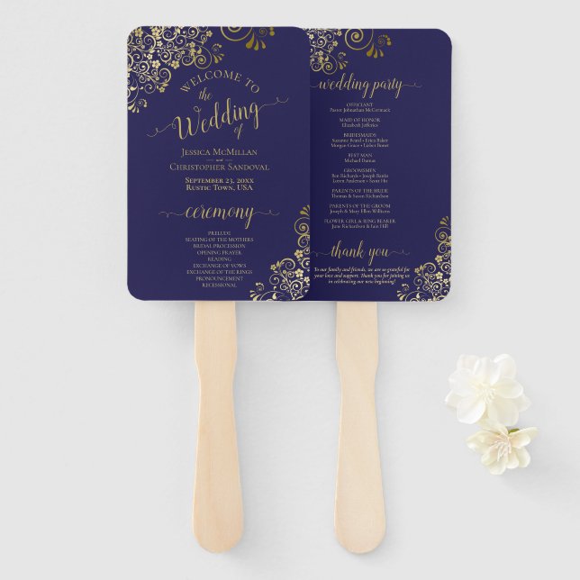 Navy Blue & Gold Lace Elegant Wedding Program Hand Fan (Front and Back)