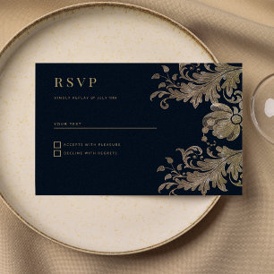 Navy blue gold lace floral luxury RSVP Invitation