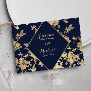 Navy blue gold lace floral luxury RSVP Invitation