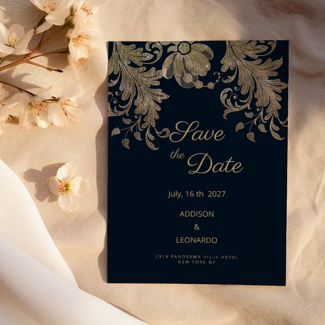 Navy blue gold lace floral luxury Save the Date  Invitation (Navy blue gold lace floral luxury Save the Date )