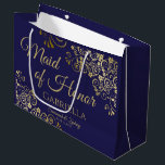 Navy Blue & Gold Lace Maid of Honour Wedding Large Gift Bag<br><div class="desc">This beautiful gift bag is designed as a wedding gift or favour bag for the Maid of Honour. It features a beautiful navy blue background with golden faux foil lace curls and swirls in the corners. The gold script lettering reads "Maid of Honour" with a place to enter her name,...</div>