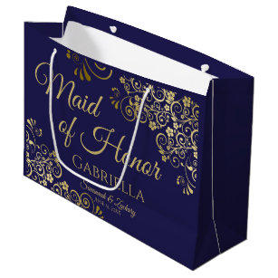Navy Blue & Gold Lace Maid of Honour Wedding Large Gift Bag