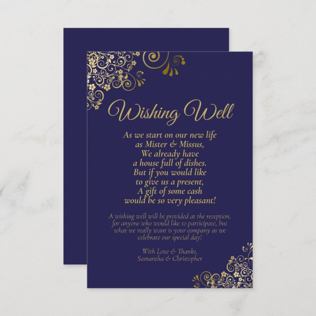 Navy Blue & Gold Lace Wedding Wishing Well Poem Enclosure Card (Front/Back)