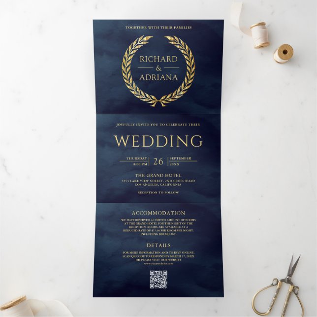 Navy Blue Gold Laurel Minimal QR Code Wedding Tri-Fold Invitation (Inside)