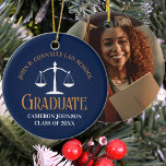 Navy Blue Gold Law School Graduation Christmas Ceramic Ornament<br><div class="desc">This chic navy blue and gold custom law school graduation Christmas ornament features classy typography for a class of 2025 graduate and their professional photo. Customise with your graduating year under the white scales of justice for a great personalised lawyer or attorney photograph gift.</div>