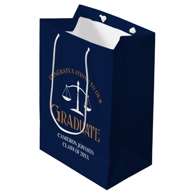 Navy Blue Gold Law School Graduation Medium Gift Bag (Front Angled)