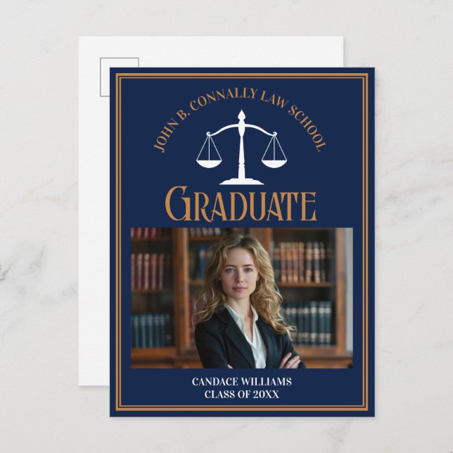 Navy Blue Gold Law School Graduation Photo Announcement Postcard (Front/Back)