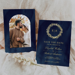 Navy Blue Gold Leaf Branch Wedding Photo Save The Date