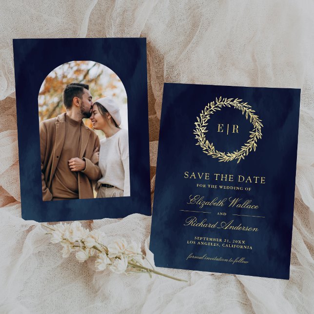 Navy Blue Gold Leaf Branch Wedding Photo Save The Date (Creator Uploaded)