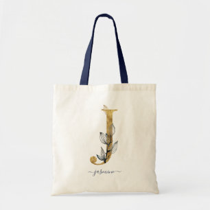 Navy Blue Gold Leaf Modern Monogram Letter "J" Tote Bag
