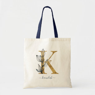 Navy Blue Gold Leaf Modern Monogram Letter "K" Tote Bag