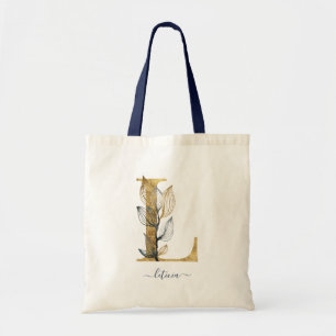 Navy Blue Gold Leaf Modern Monogram Letter "L" Tote Bag