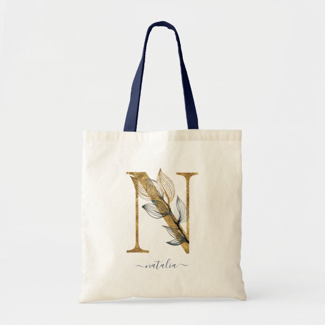 Navy Blue Gold Leaf Modern Monogram Letter "N" Tote Bag (Front)