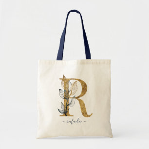 Navy Blue Gold Leaf Modern Monogram Letter "R" Tote Bag