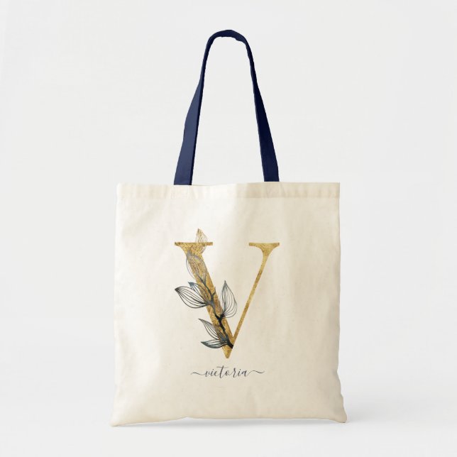 Navy Blue Gold Leaf Modern Monogram Letter "V" Tote Bag (Front)