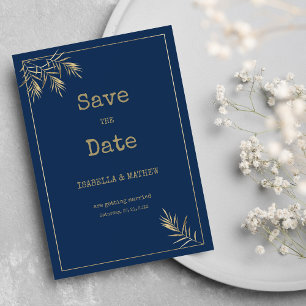 Navy blue gold leaf typewriter font Save the Date Invitation
