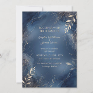 Navy Blue Gold Leaf Wedding Invitation